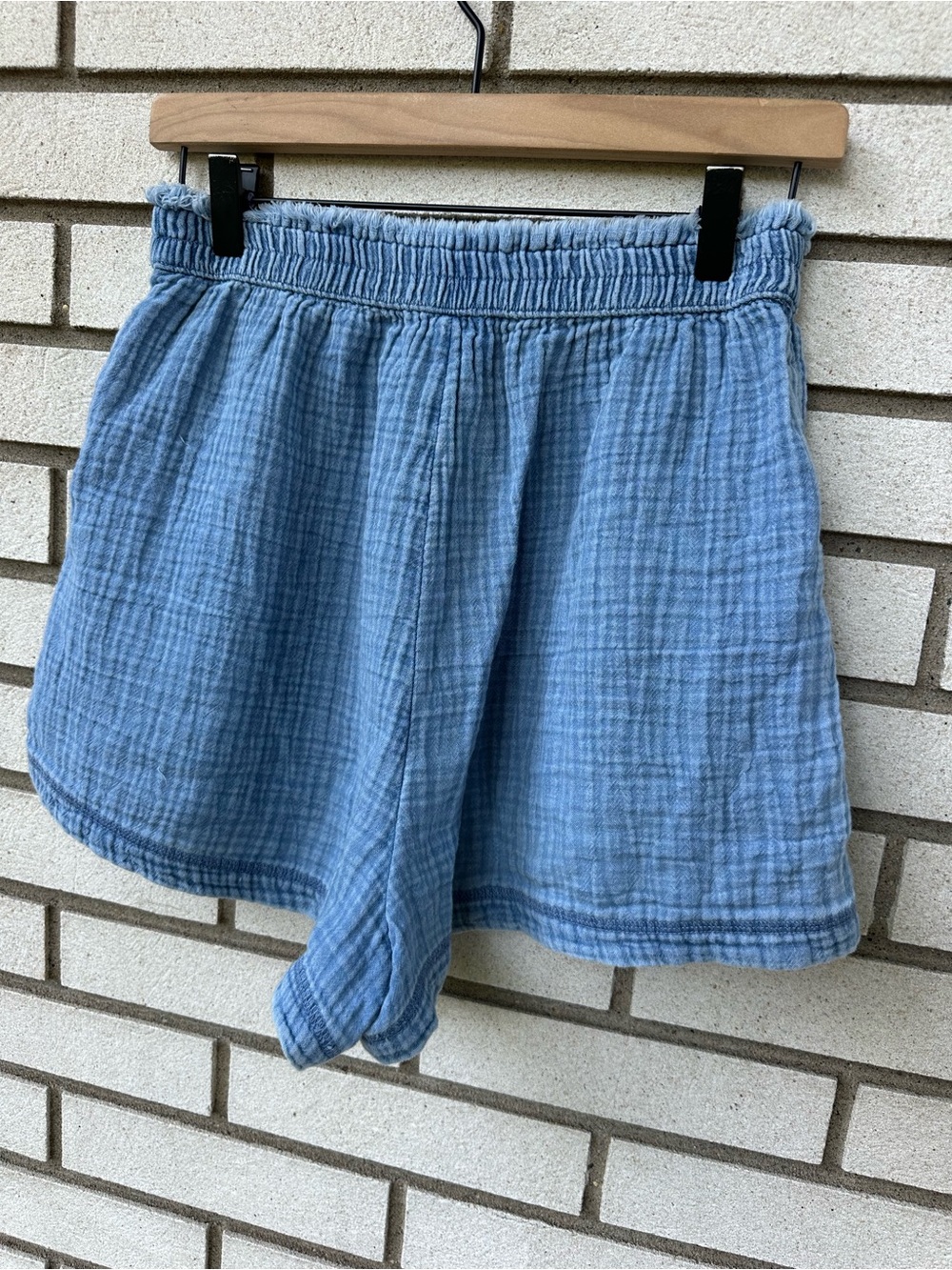 Aerie Gauzy High Waisted Blue Cotton Raw Edge Lounge Shorts M Pockets Beach - Picture 7 of 13